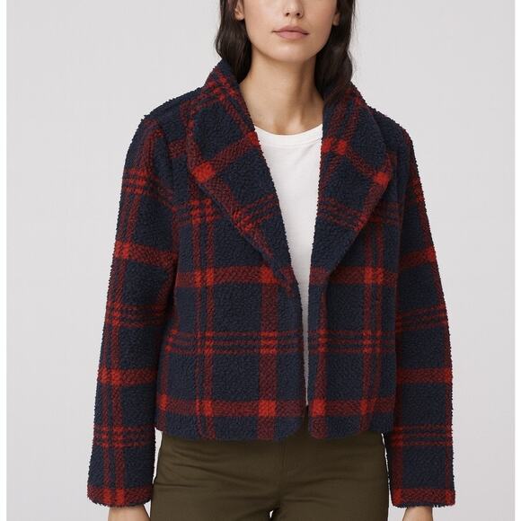 Sanctuary Red Blue Plaid Faux Sherpa Teddy Bear Fleece Jacket - Picture 1 of 7